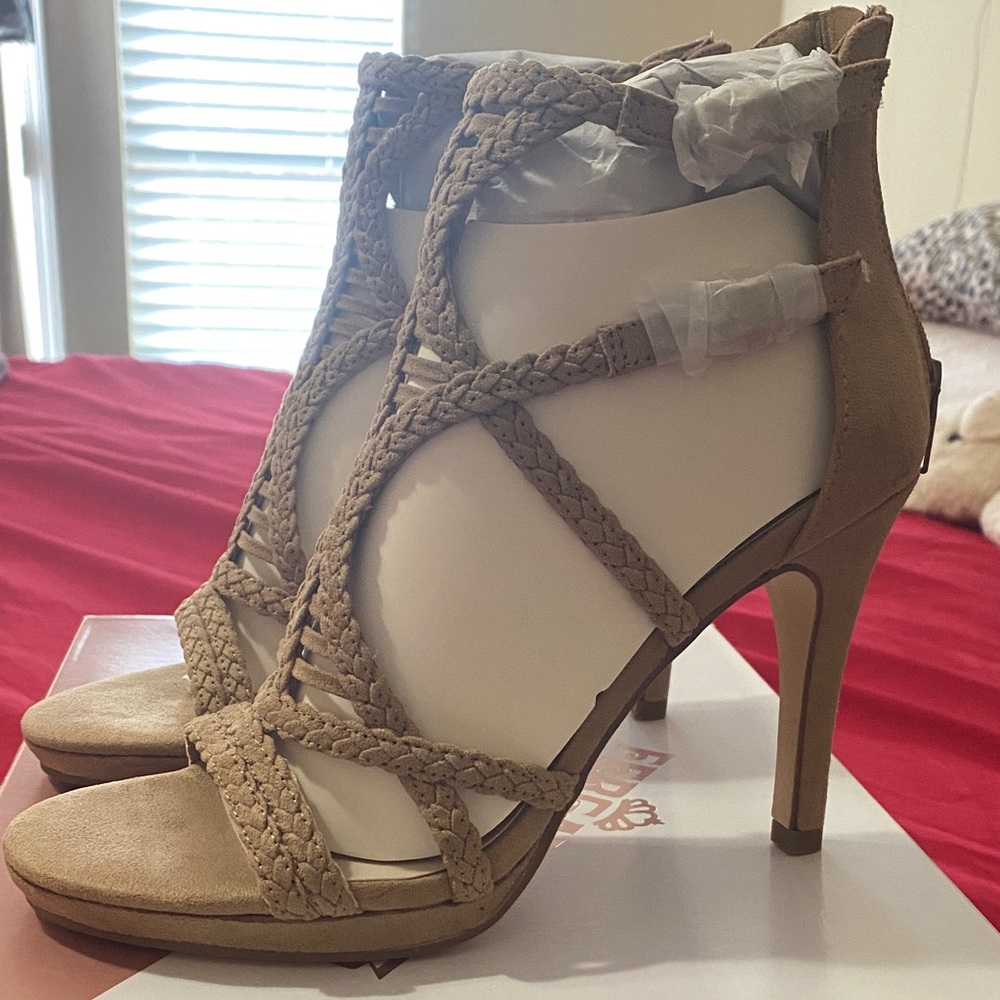 Braided Strappy High Heel Sandals — Tan